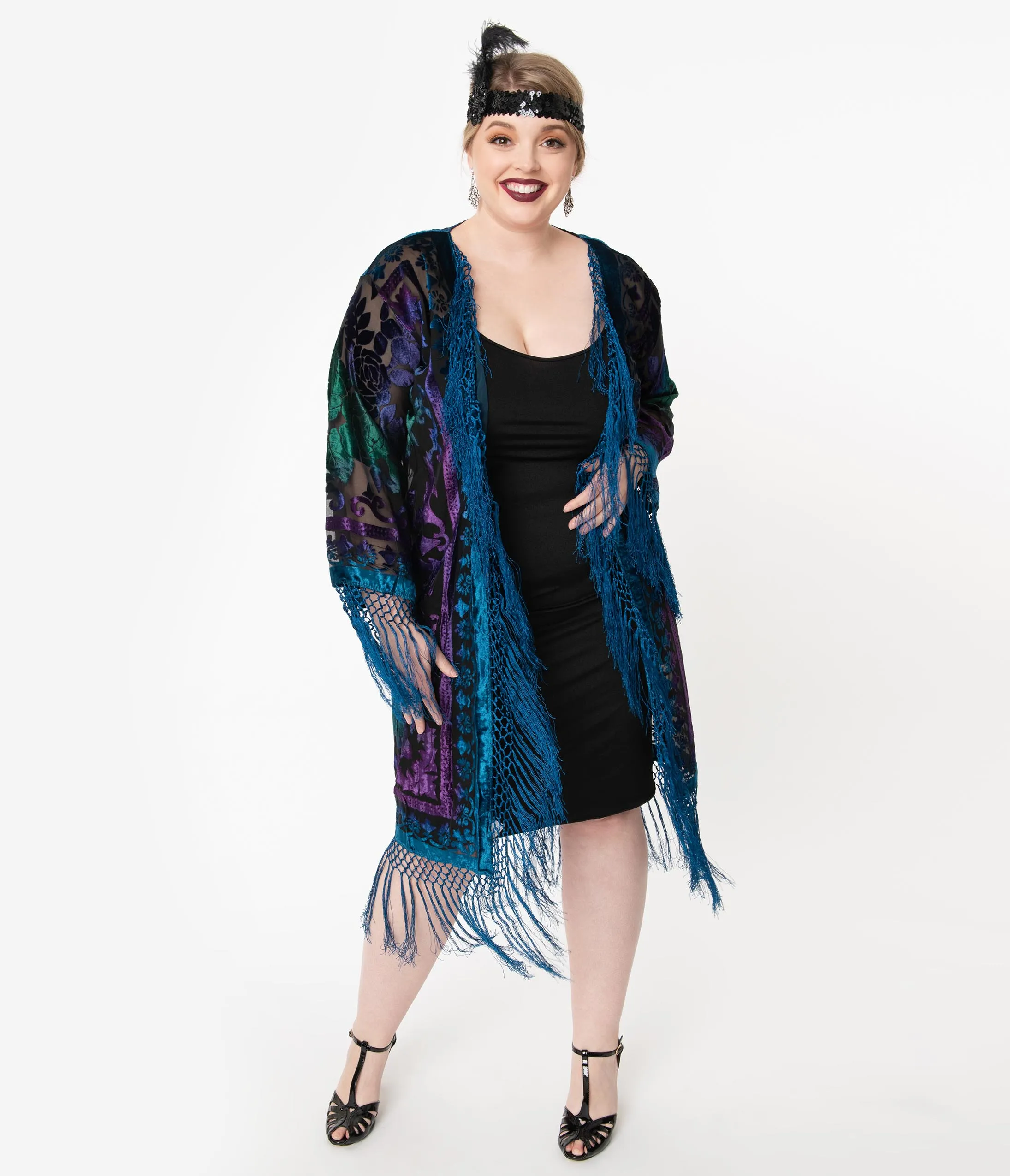 1920s Blue Devore Velvet Lattice Scarf Coat