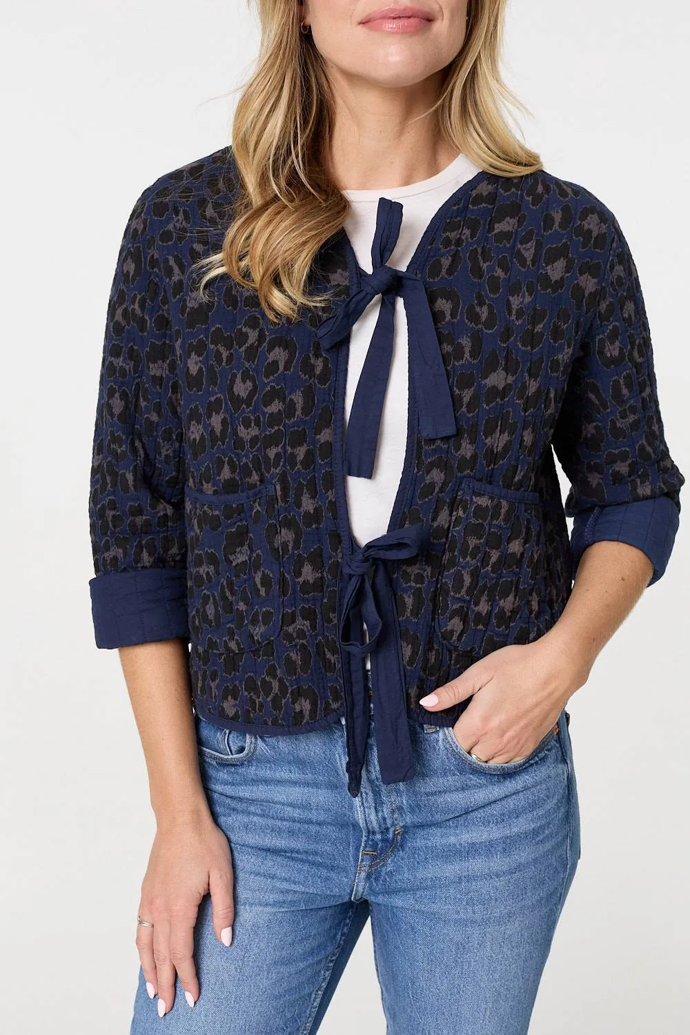 Animal Print 3/4 Sleeve Tie Front Cardigan