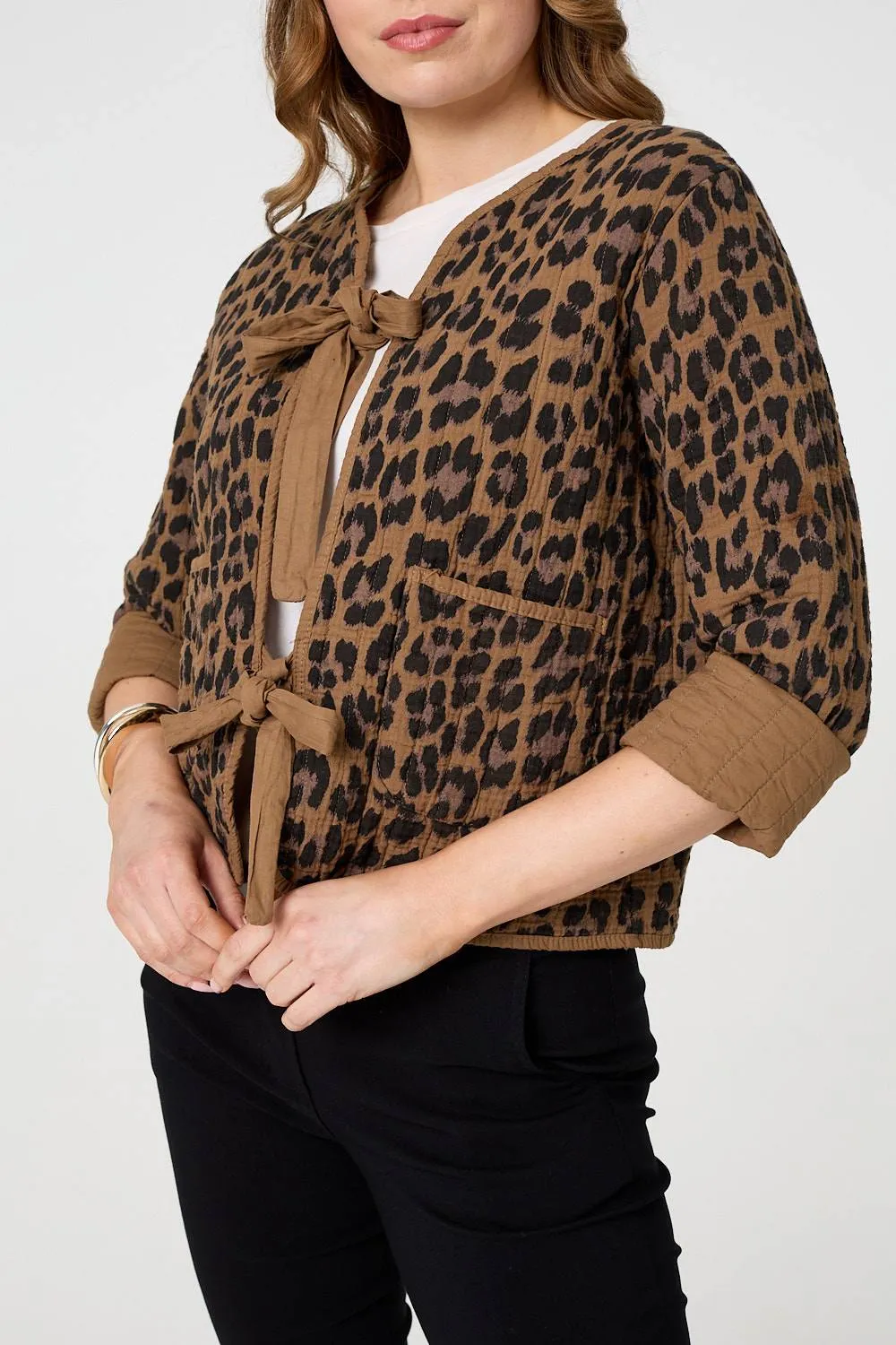 Animal Print 3/4 Sleeve Tie Front Cardigan