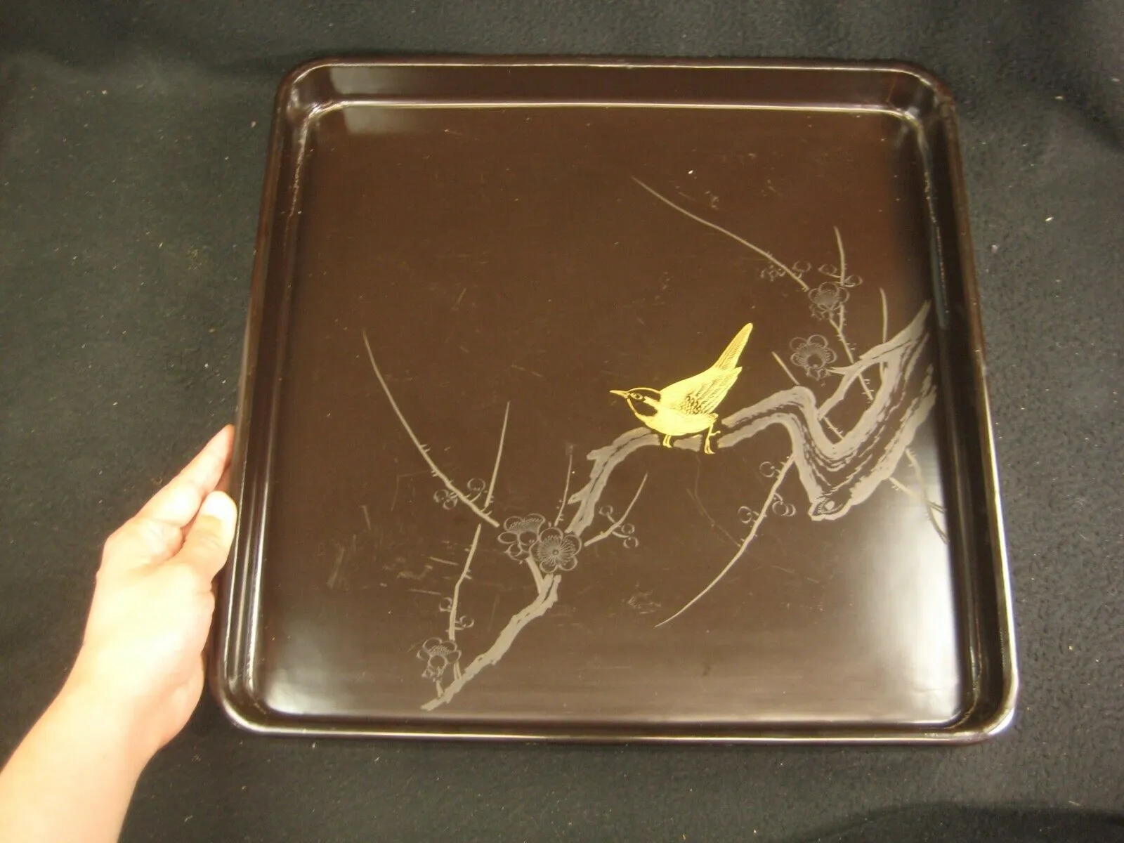 Antique Japanese Meiji Era 100 Yr Old Wood & Lacquer Obon Ozen Tray Wren