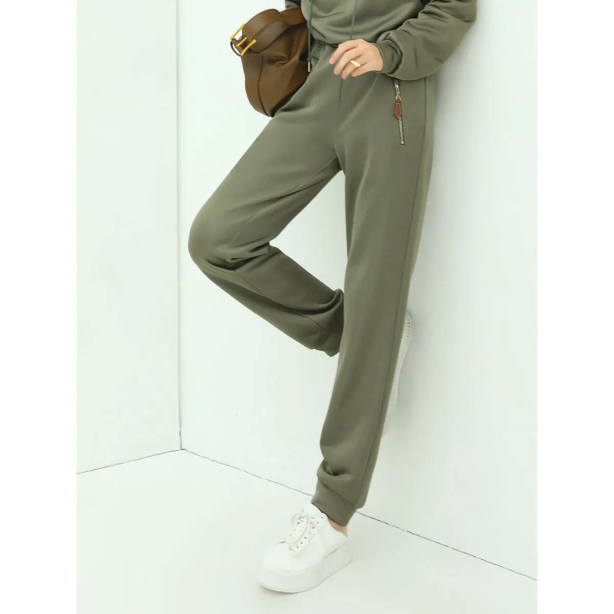 Athletic Green Sweater Pants with Zip Pocket Details