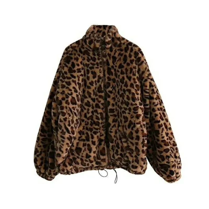 Autumn Fuzzy Leopard Print Jacket Women Fashion Stand Collar Warm Parkas Outwear Winter Korean Female Loose Faux Fur Coats New