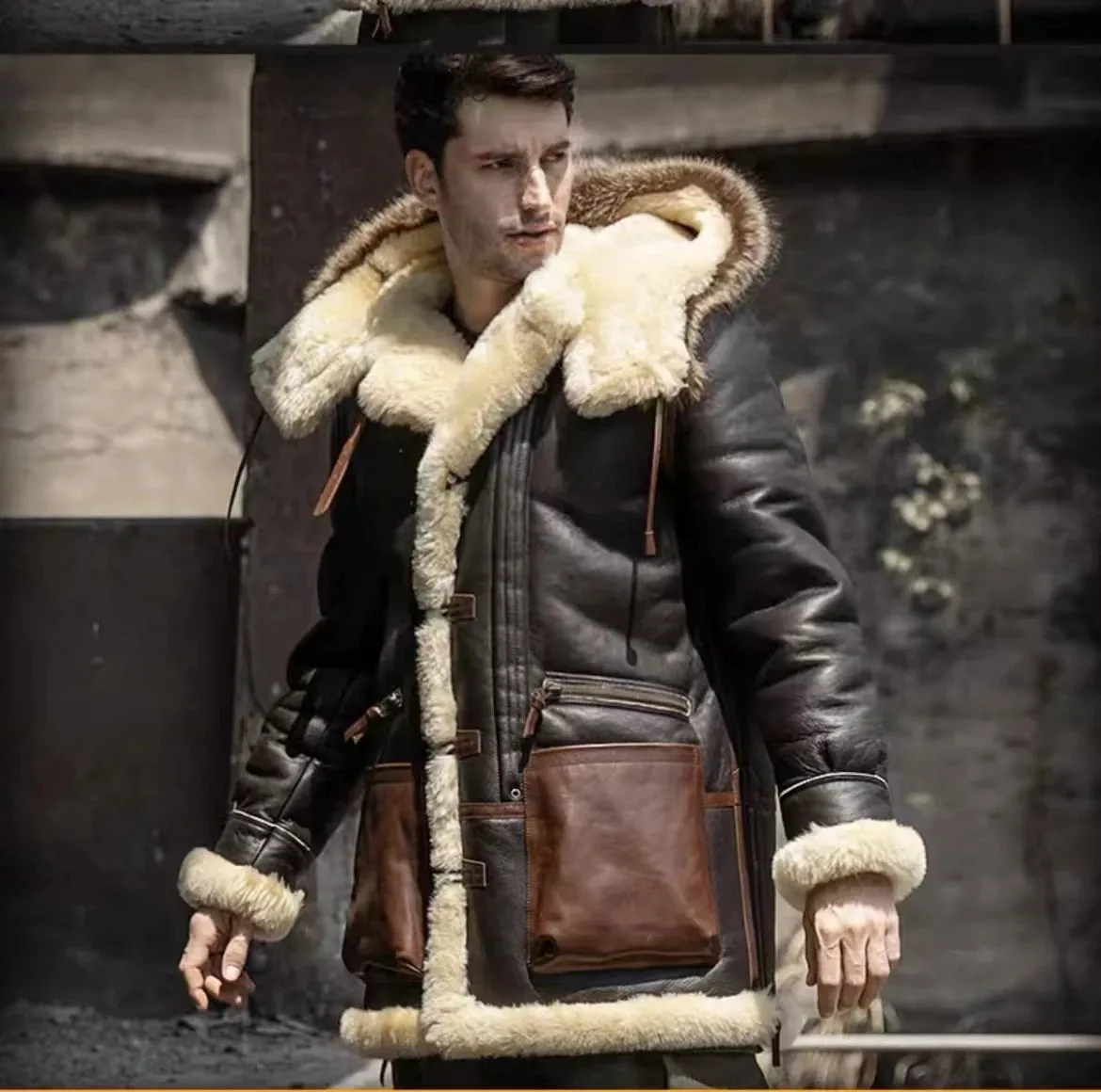 Beige Genuine Leather Shearling Fur Lining Long Coat Parkas