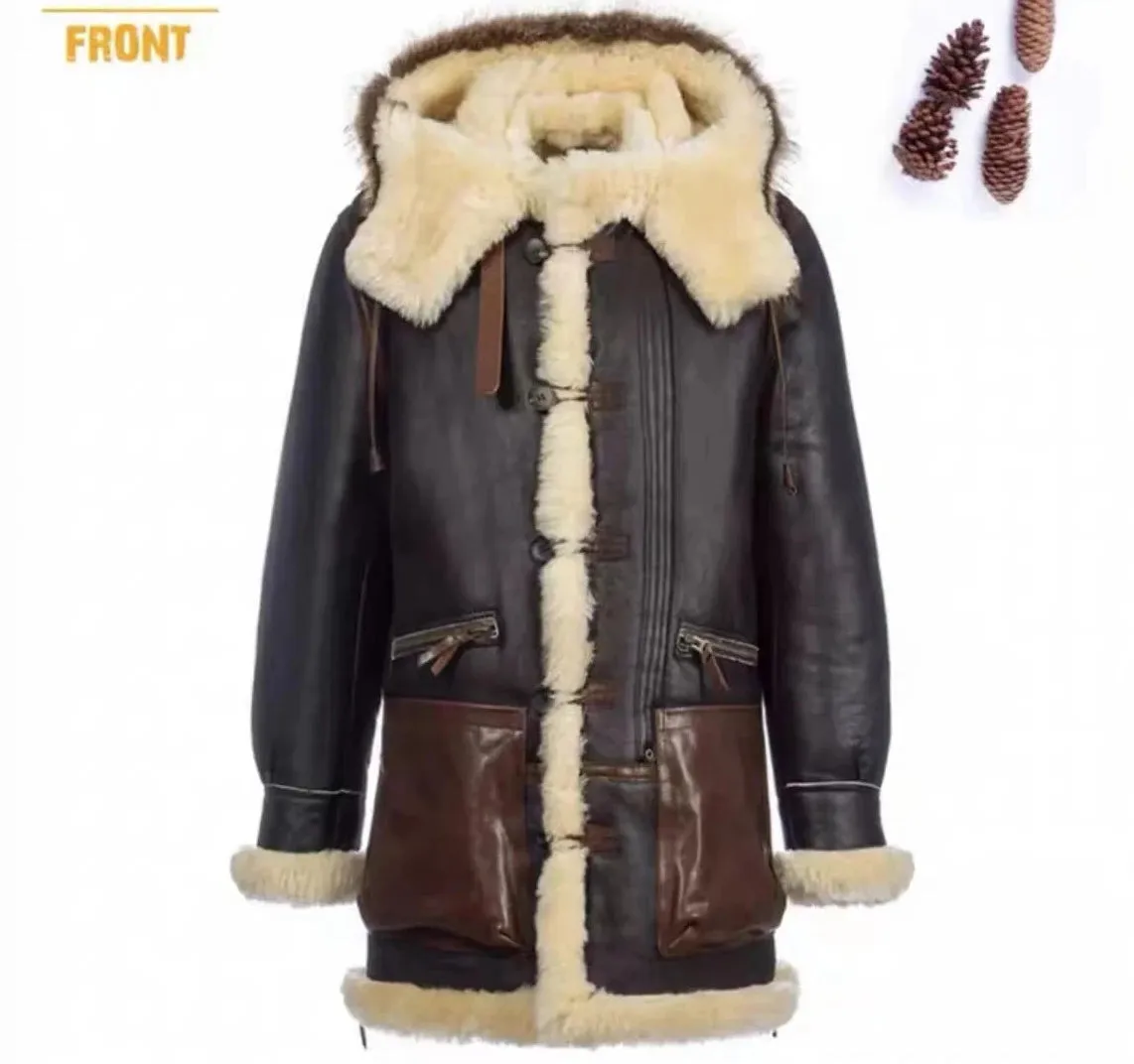 Beige Genuine Leather Shearling Fur Lining Long Coat Parkas