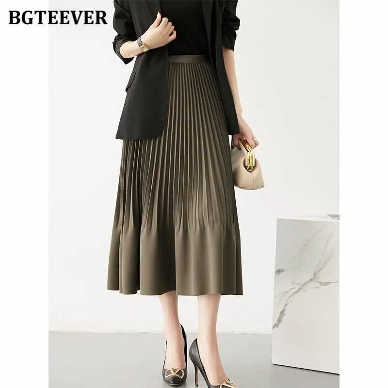 BGTEEVER Stylish High Waist Female Pleated Skirts Spring Summer Loose Women Midi Skirts Elegant Ladies A-line Skirts