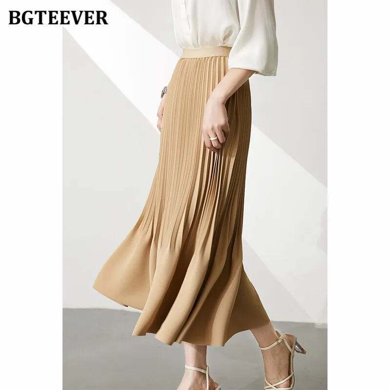 BGTEEVER Stylish High Waist Female Pleated Skirts Spring Summer Loose Women Midi Skirts Elegant Ladies A-line Skirts