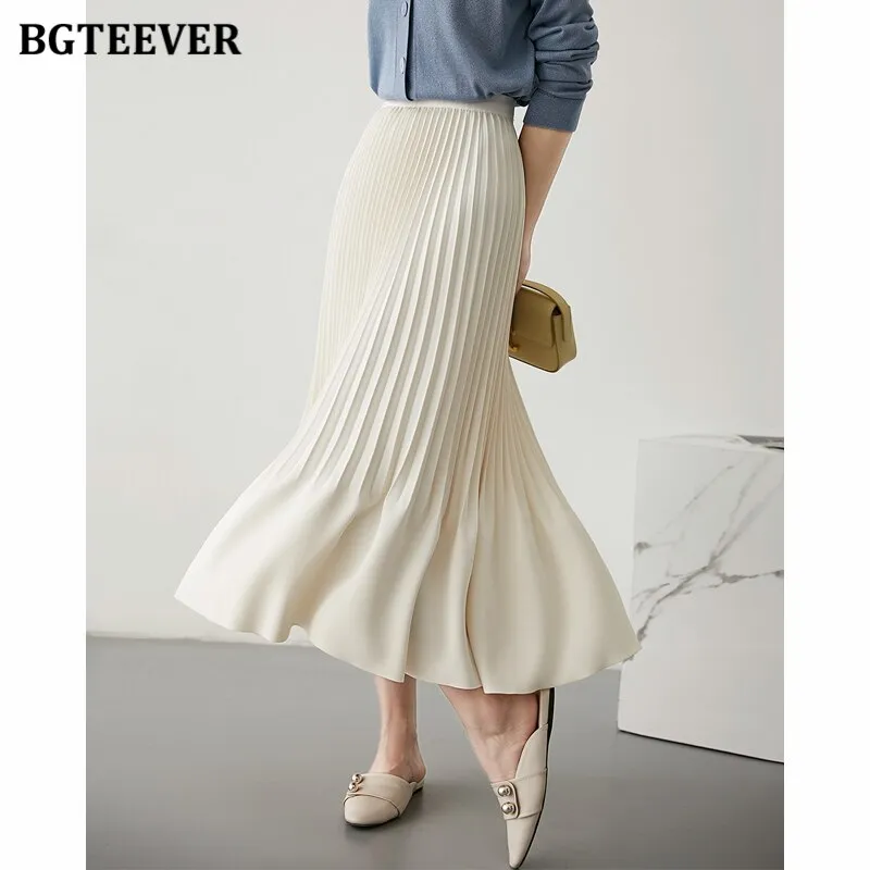 BGTEEVER Stylish High Waist Female Pleated Skirts Spring Summer Loose Women Midi Skirts Elegant Ladies A-line Skirts