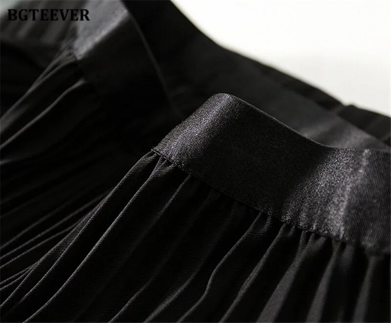 BGTEEVER Stylish High Waist Female Pleated Skirts Spring Summer Loose Women Midi Skirts Elegant Ladies A-line Skirts