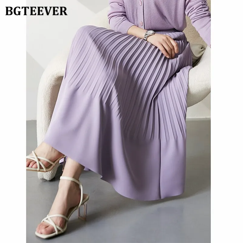 BGTEEVER Stylish High Waist Female Pleated Skirts Spring Summer Loose Women Midi Skirts Elegant Ladies A-line Skirts