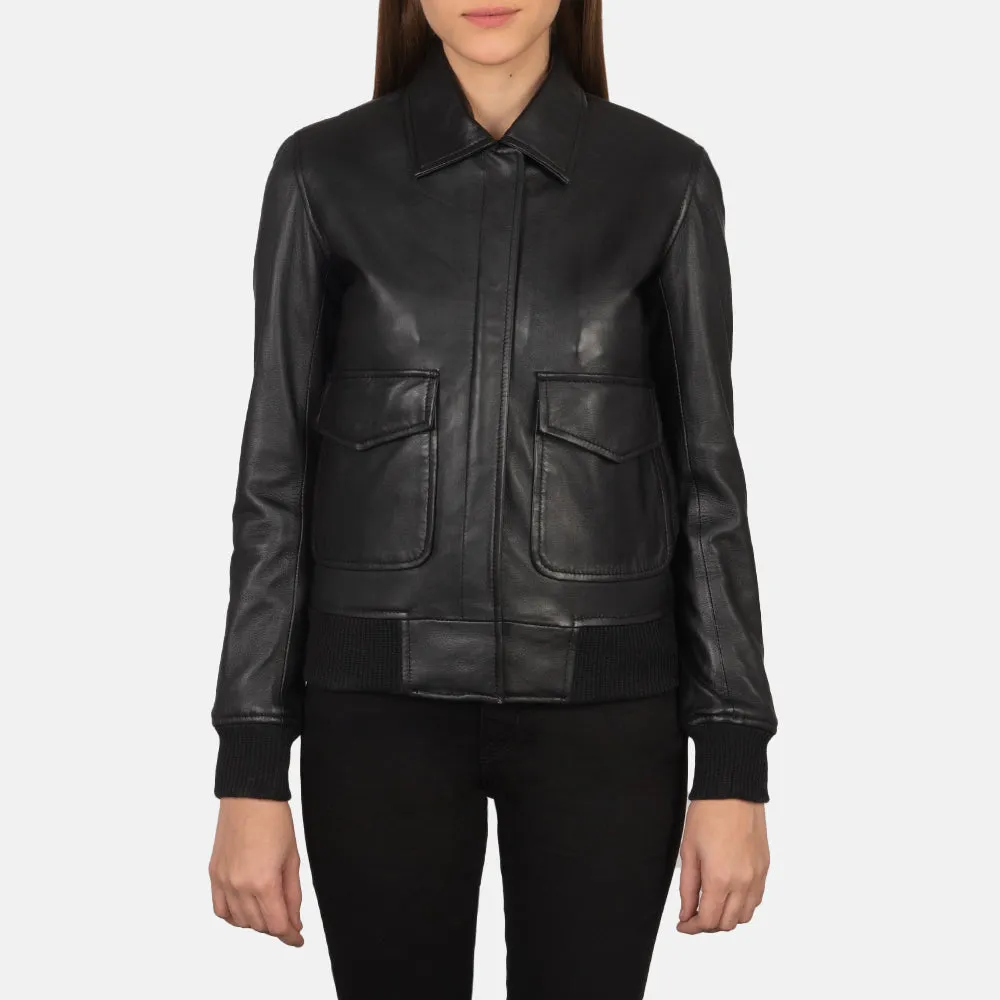 Black Leather Women's Bomber Jacket