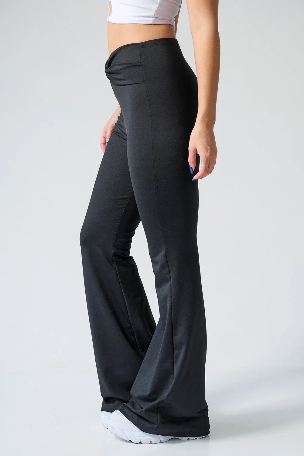 Black Twist Ruched Waist Flared Pants