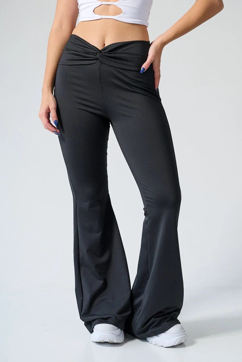 Black Twist Ruched Waist Flared Pants