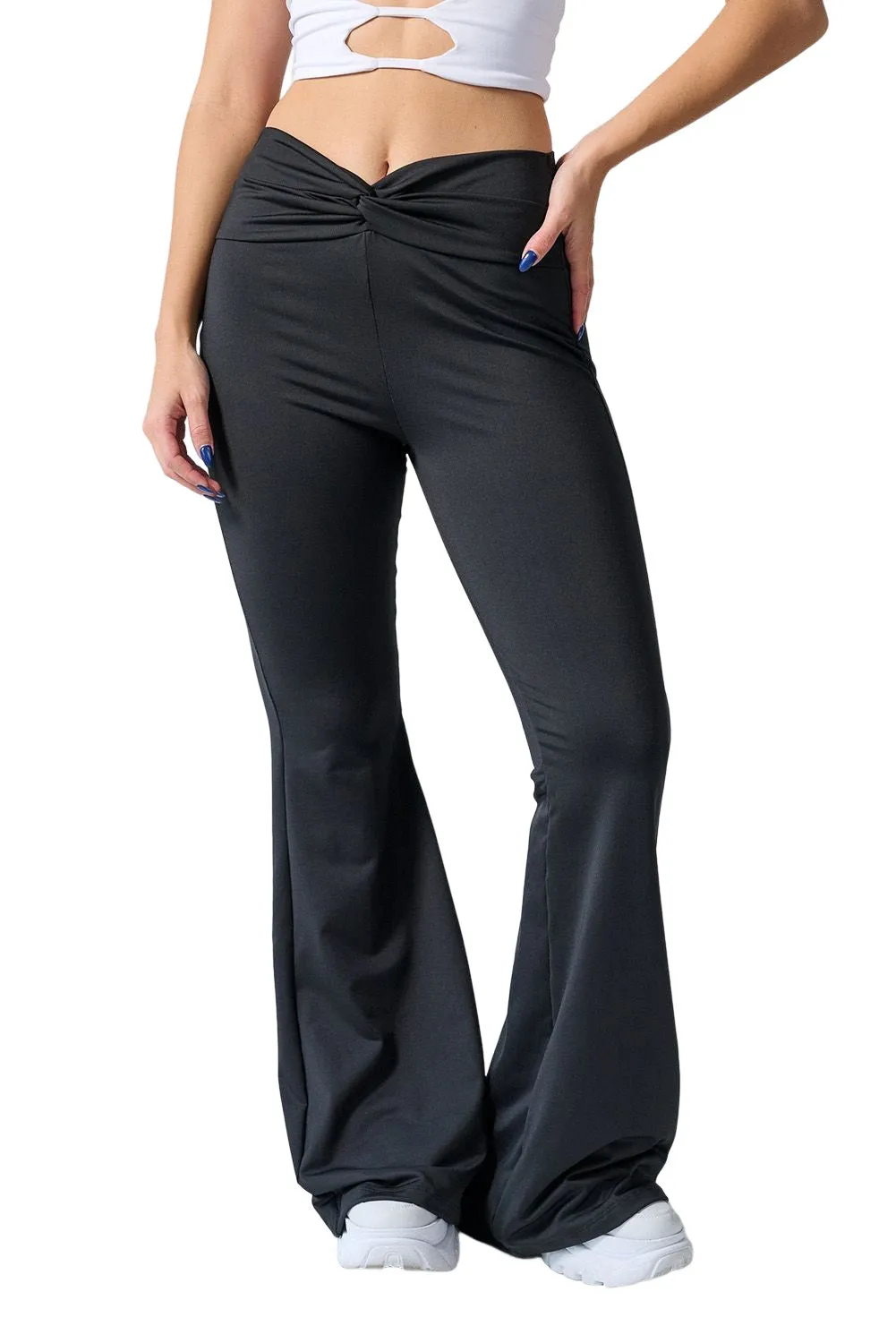 Black Twist Ruched Waist Flared Pants