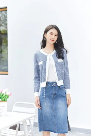 Blue Soft Knit Long Sleeve Stripe Cardigans