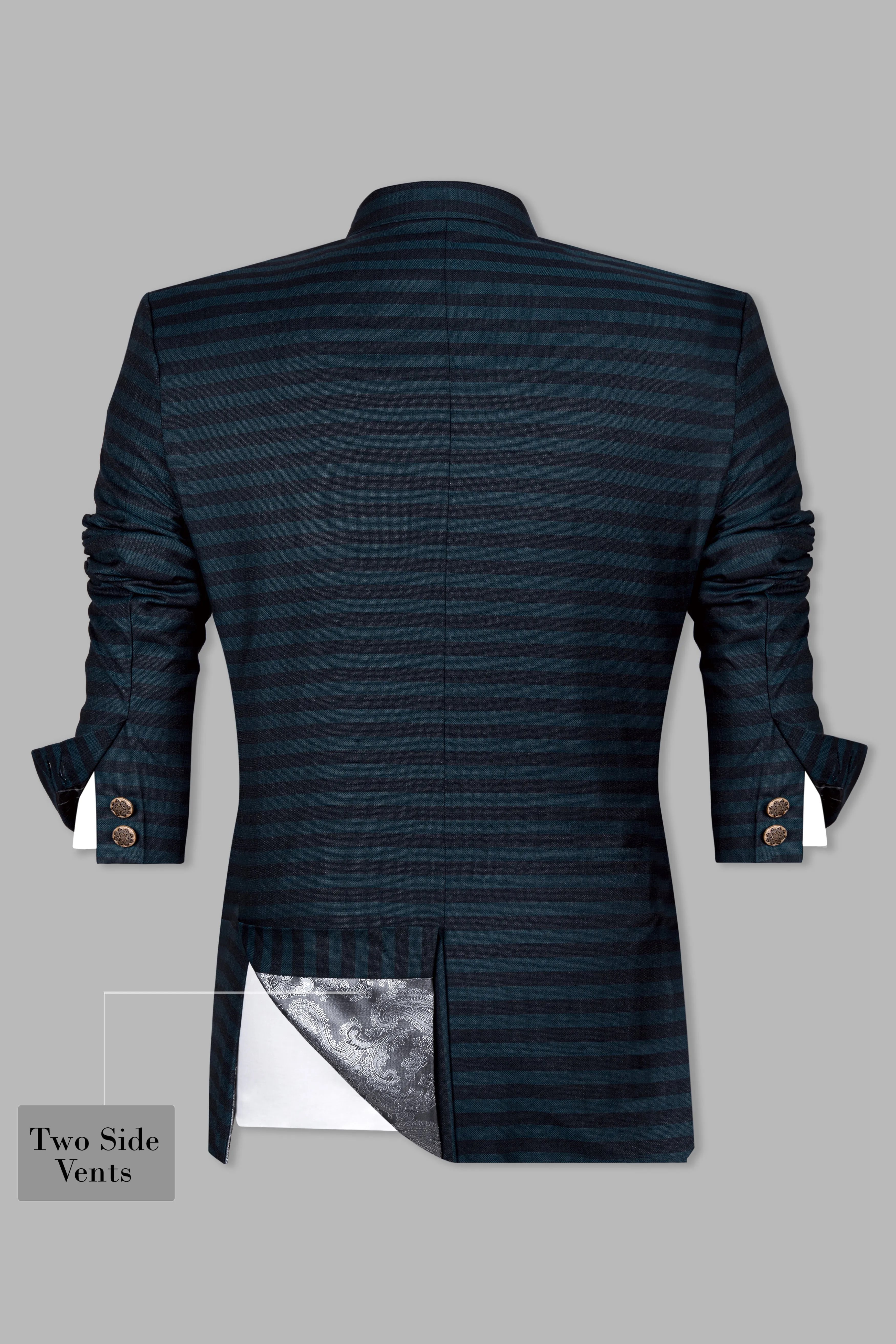 Bluish Blue And Jade Black Striped Cross Placket Bandhgala Suit