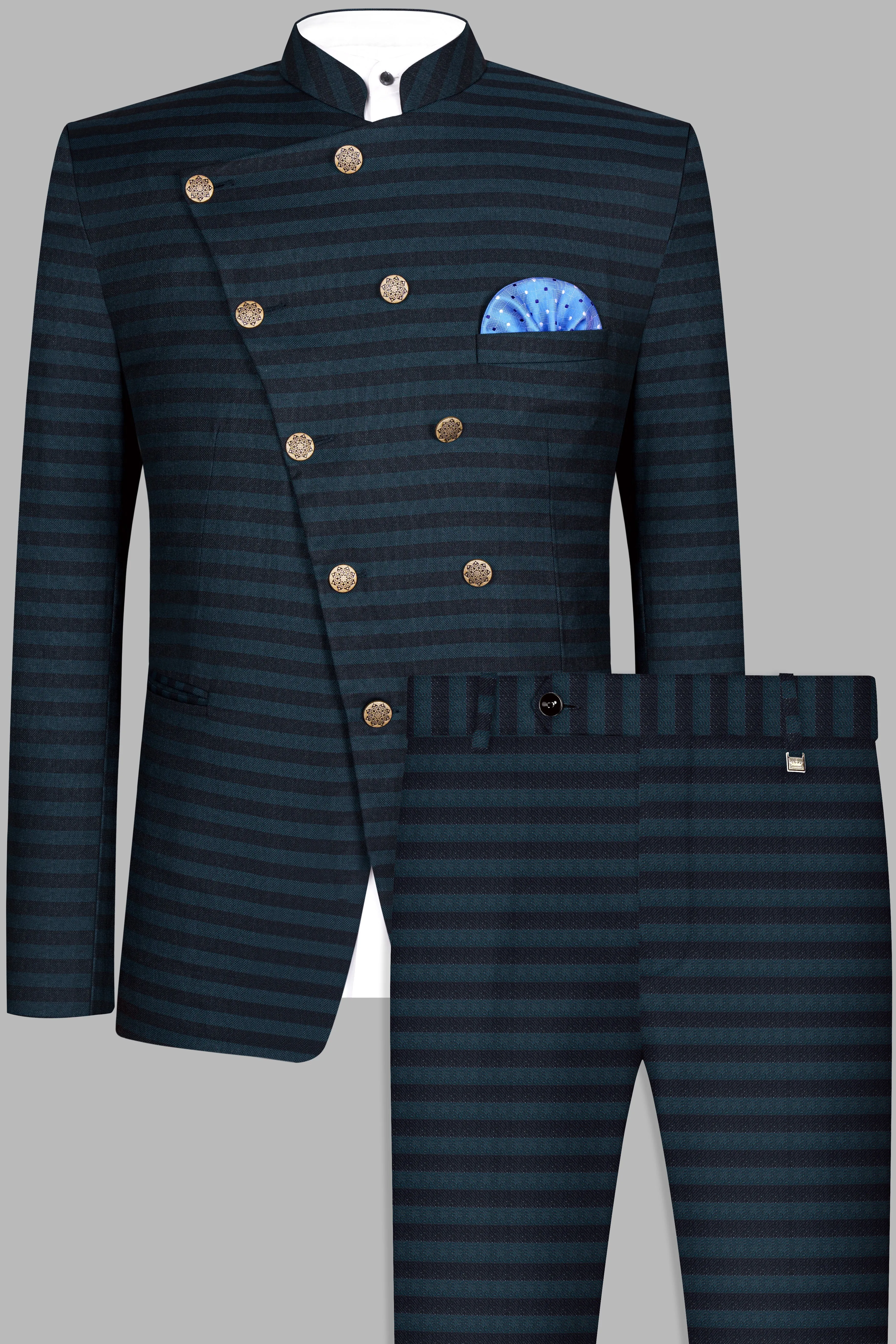 Bluish Blue And Jade Black Striped Cross Placket Bandhgala Suit