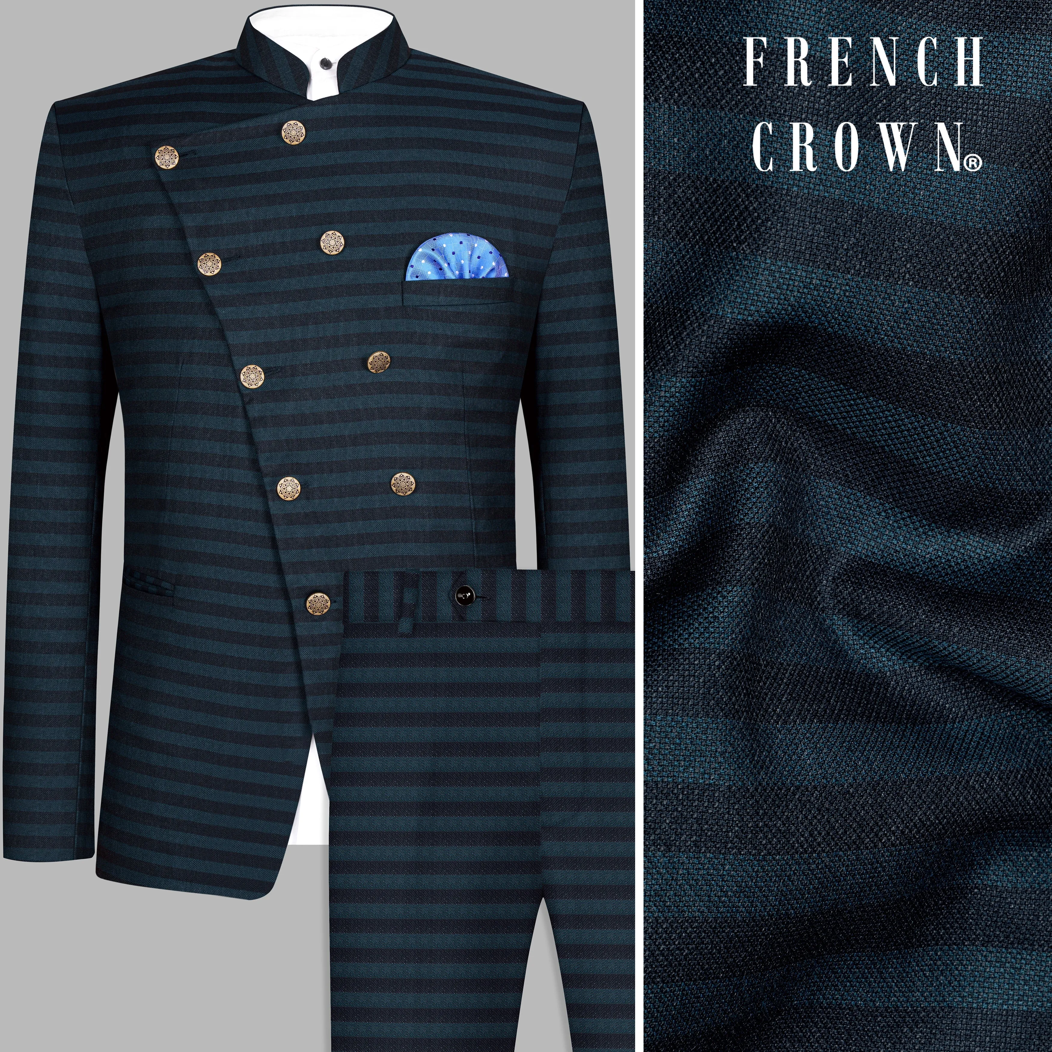 Bluish Blue And Jade Black Striped Cross Placket Bandhgala Suit