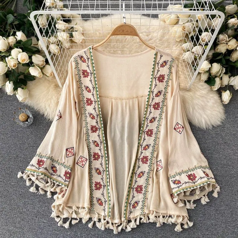 Boho Embroidered Tassel Cardigan for Women - Lightweight, Floral Pattern, 9-Quarter Sleeves (Sizes S-XXL)