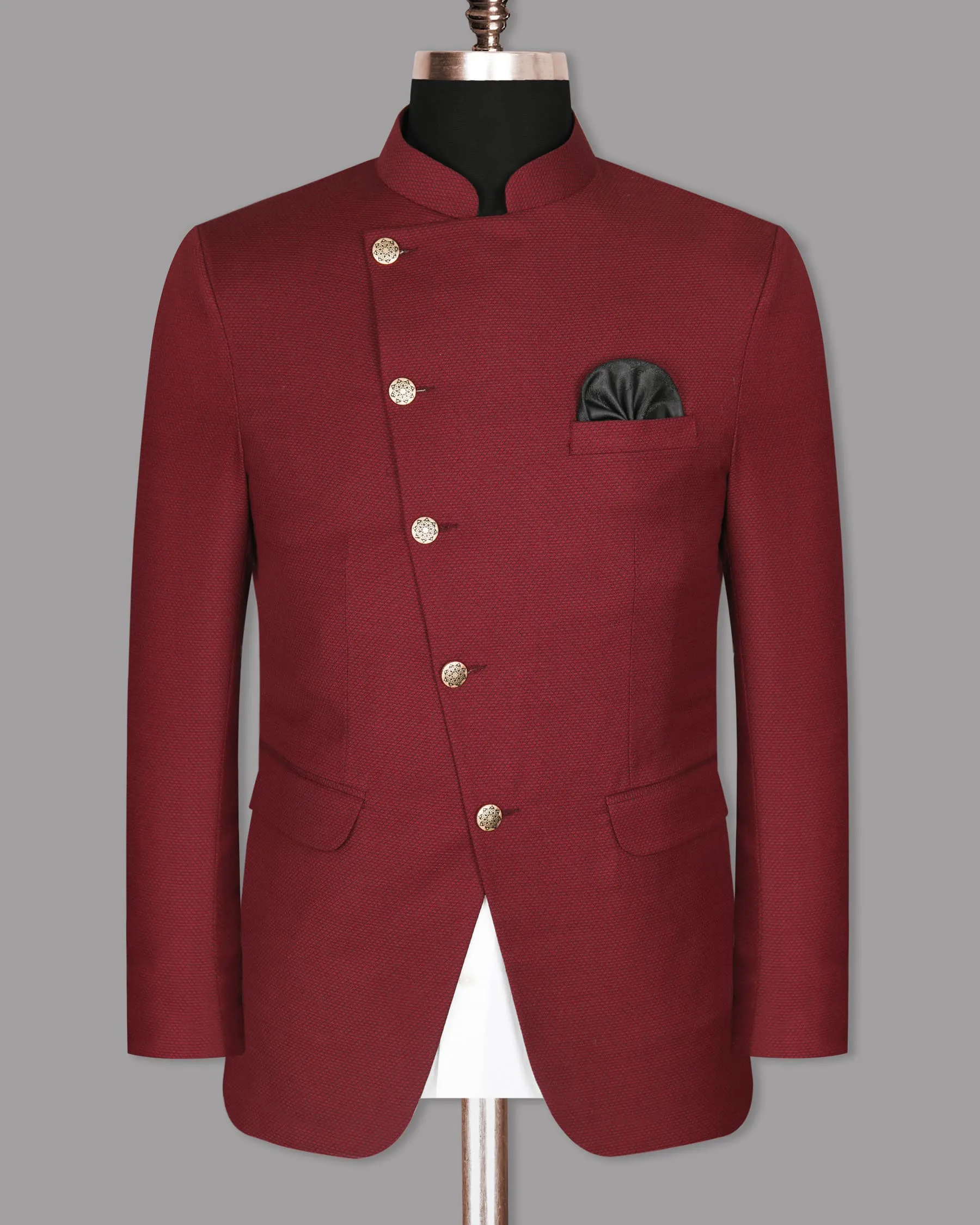 Brick Red Subtle Diamond Textured Cross Placket Bandhgala/Mandarin Suit