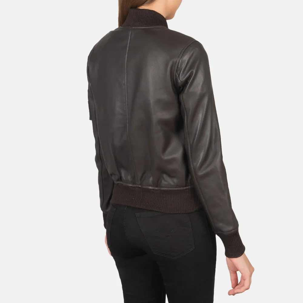 Brown Leather Women's Bomber Jacket