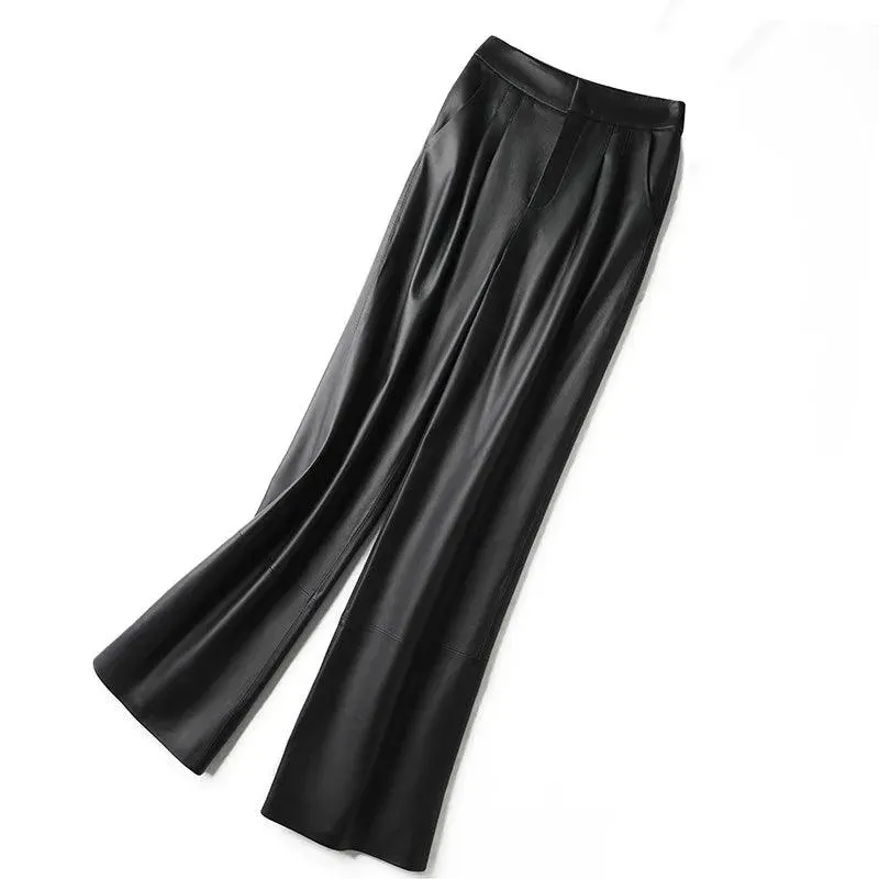 Chic High-Waist Sheepskin Leather Pants - Essential Fashion for Every Season