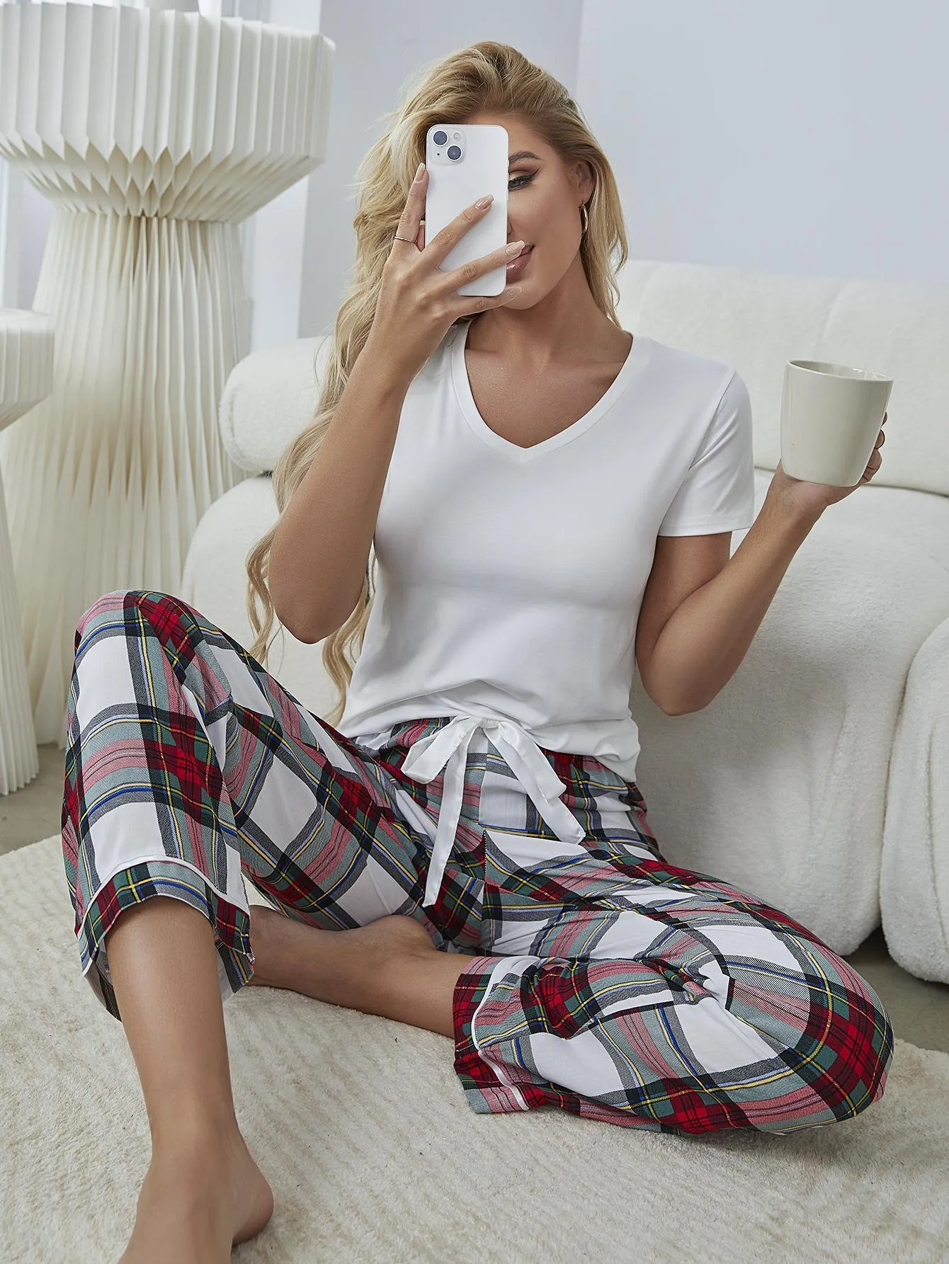 Chic V-Neck Plaid Lounge Set with Coordinating Pants - Fashionable Comfort Wear