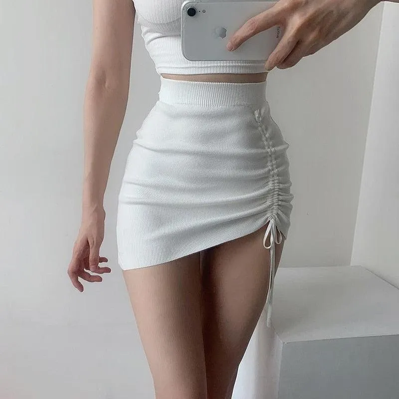 Chic White High Waist Stretch Mini Skirt with Drawstring Detail