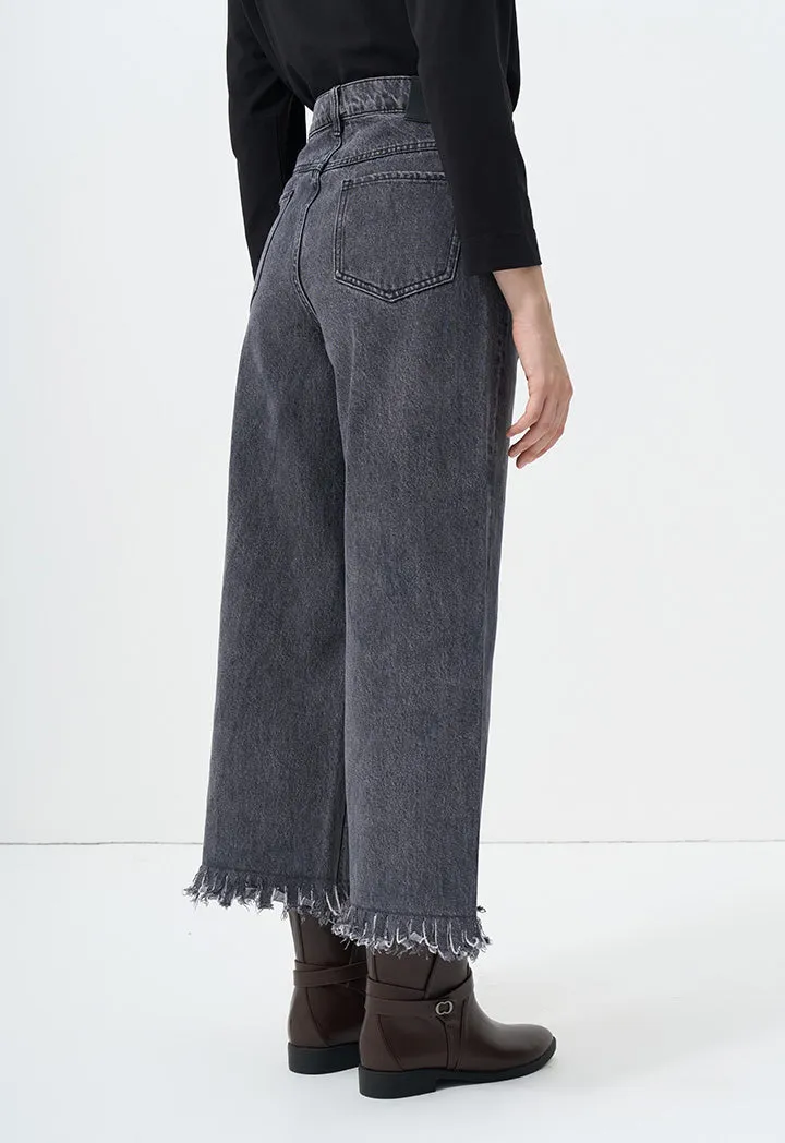 Choice Wide Legs Fringe Denim Trousers Black