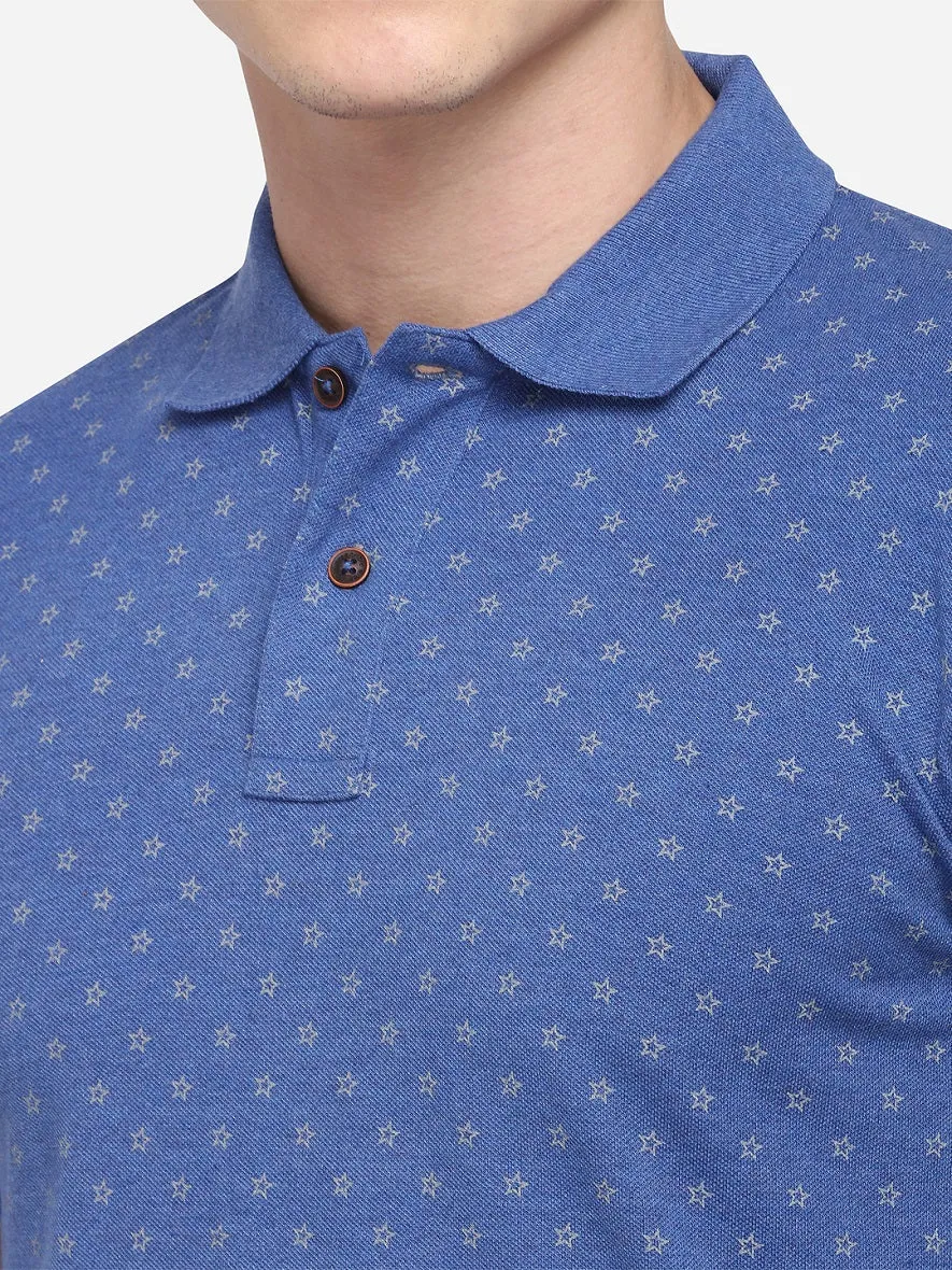 Dark Blue Printed Slim Fit Polo T-Shirt | Greenfibre