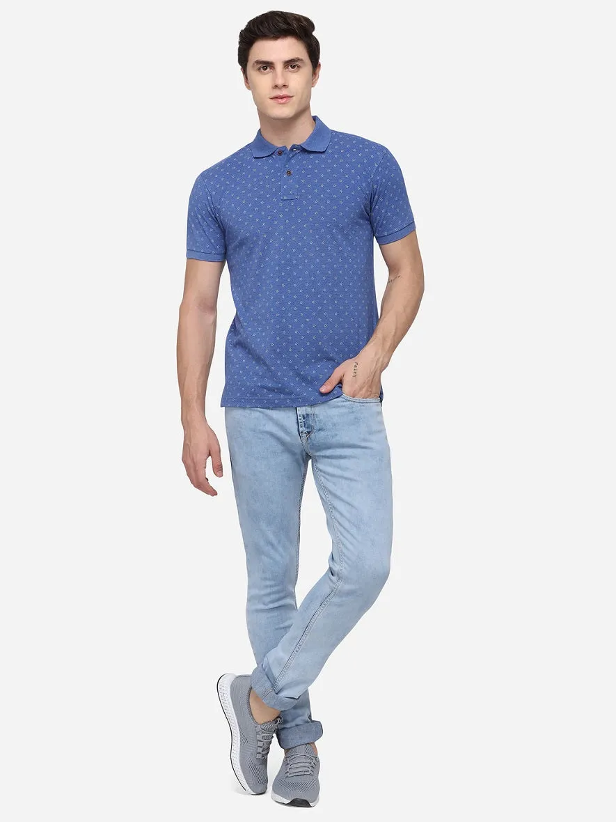 Dark Blue Printed Slim Fit Polo T-Shirt | Greenfibre