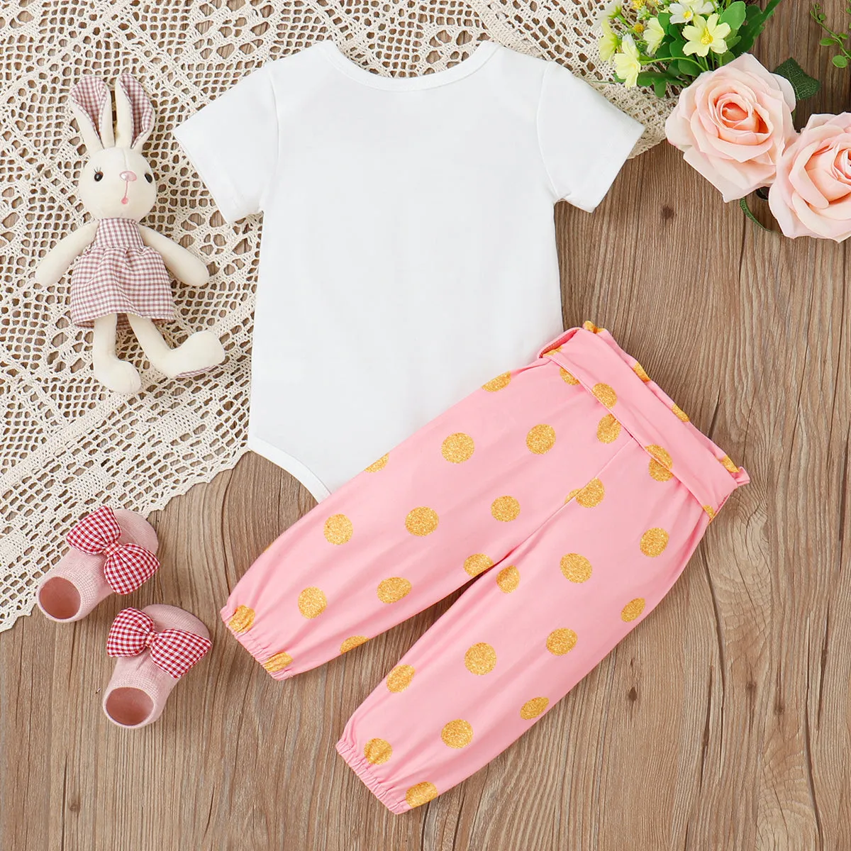 Easter 3pcs Baby Girl Short-sleeve Graphic Romper and Polka Dots Pants with Belt Set