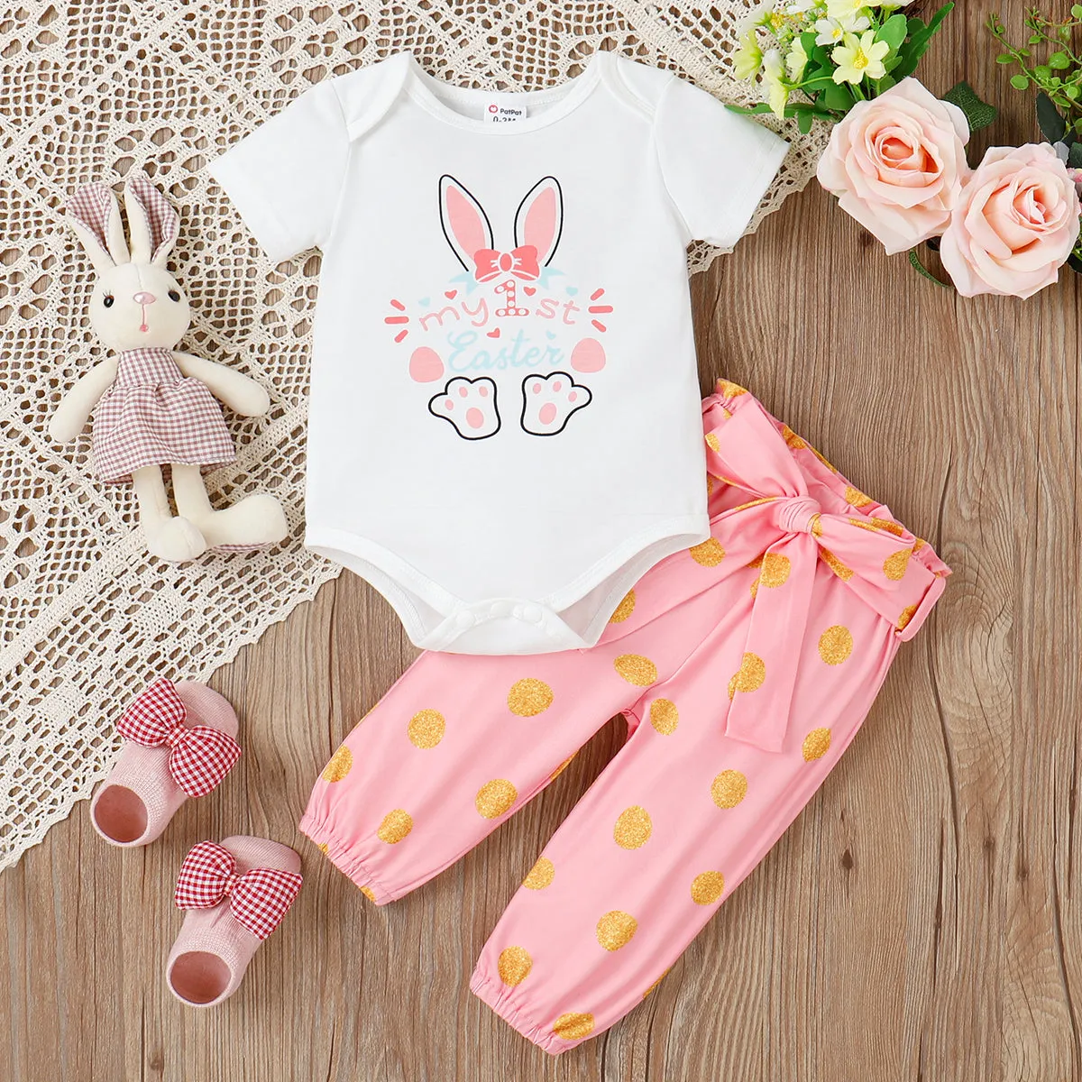 Easter 3pcs Baby Girl Short-sleeve Graphic Romper and Polka Dots Pants with Belt Set