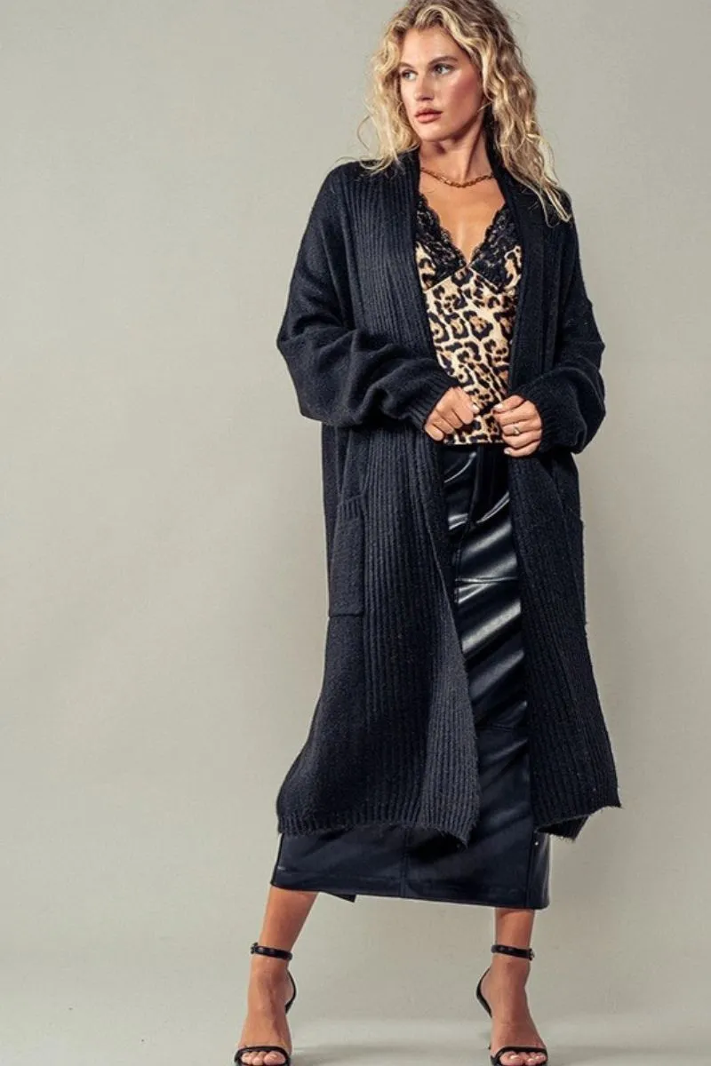 Elongated Wooly Knit Open Cardigan