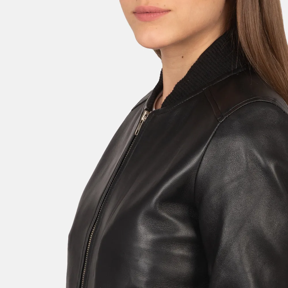 Genuine Black Leather Women's Bomber Jacket