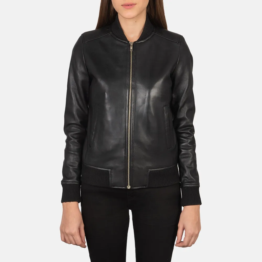 Genuine Black Leather Women's Bomber Jacket