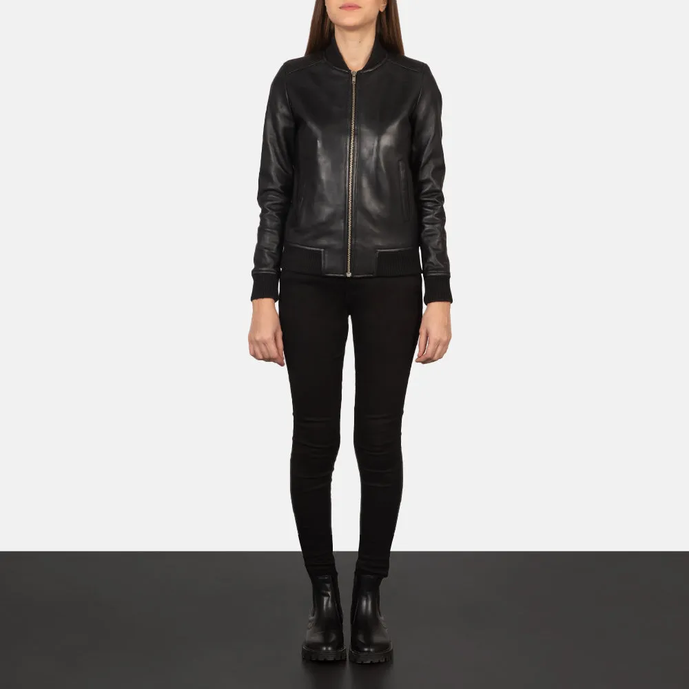 Genuine Black Leather Women's Bomber Jacket