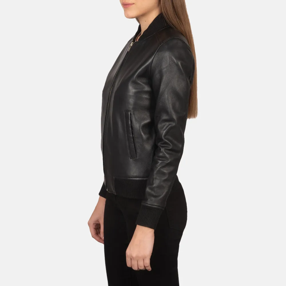 Genuine Black Leather Women's Bomber Jacket