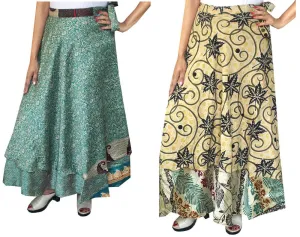 Indian Sari Magic Women's Wrap Around Long Skirt Wholesale 2 Pcs Lot Two Layers