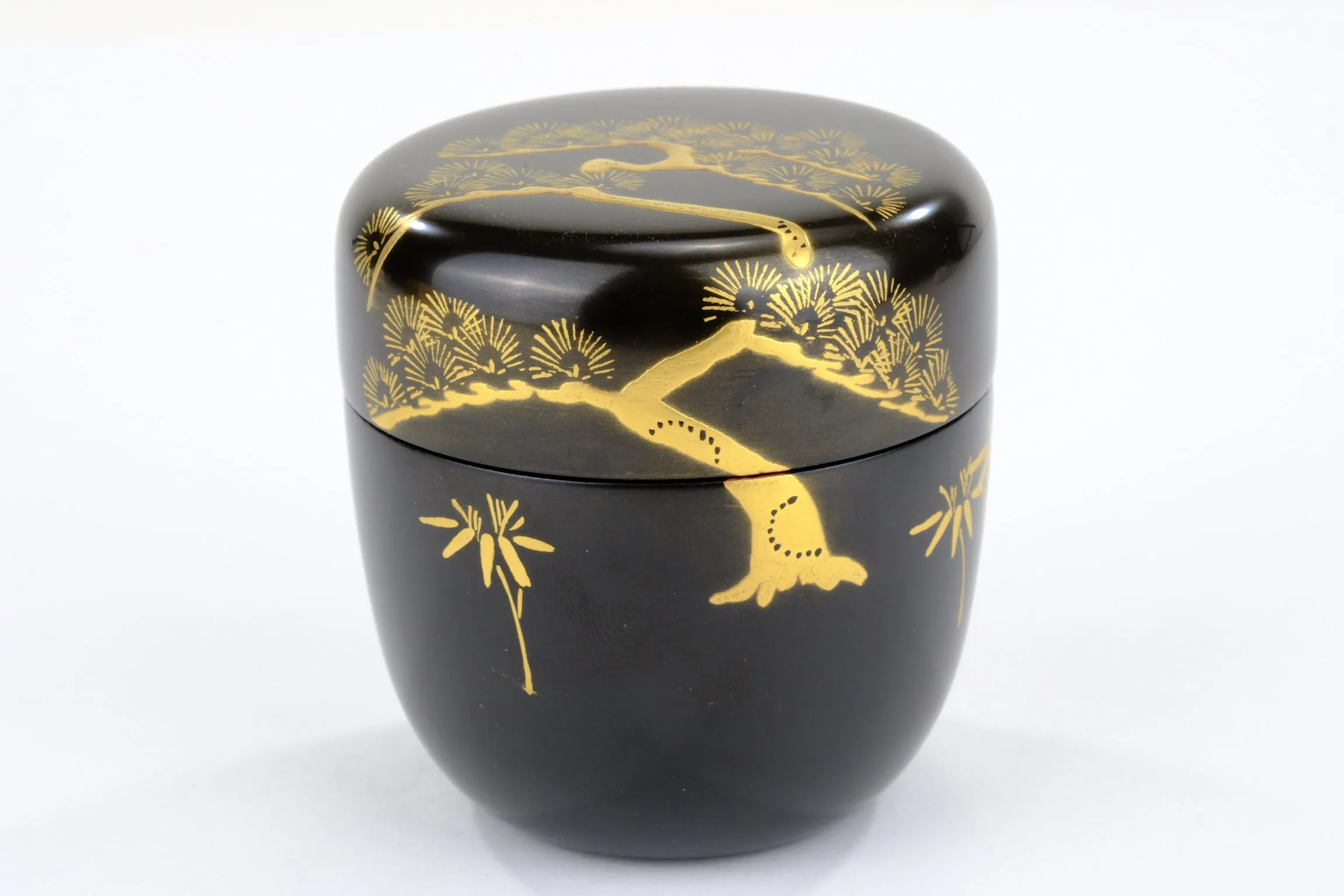 Japanese Tea Ceremony Natsume Black Lacquer Gold Makie Pine Tree