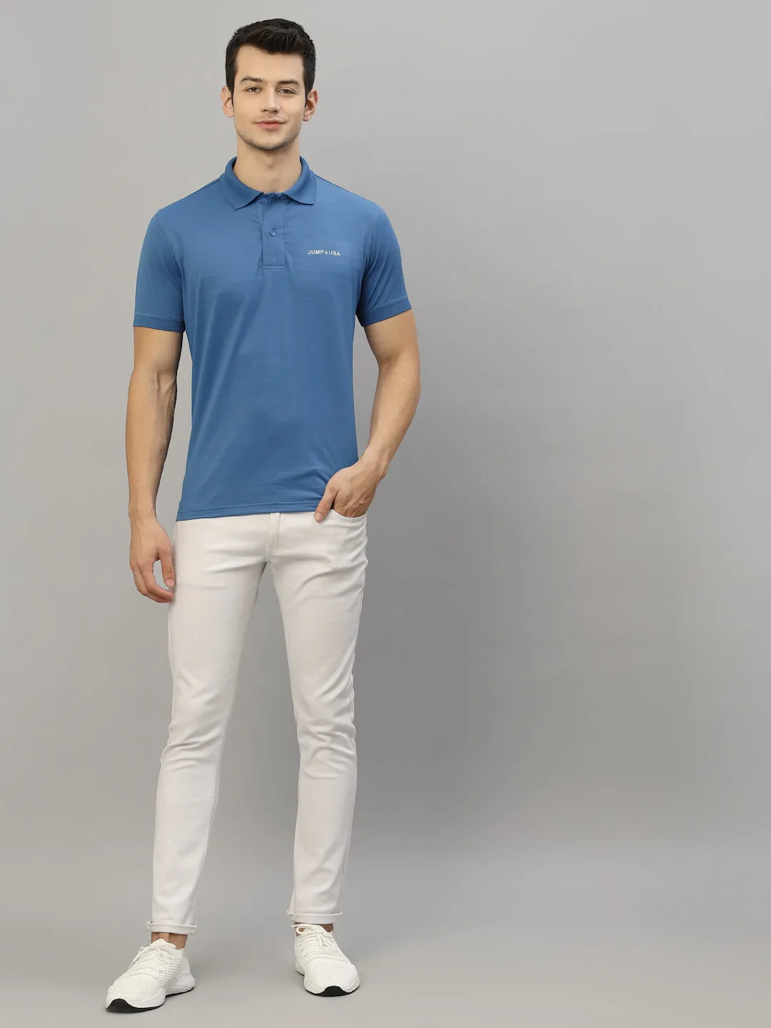 JUMP USA Men Blue Solid Polo Collar Sports  T-Shirt