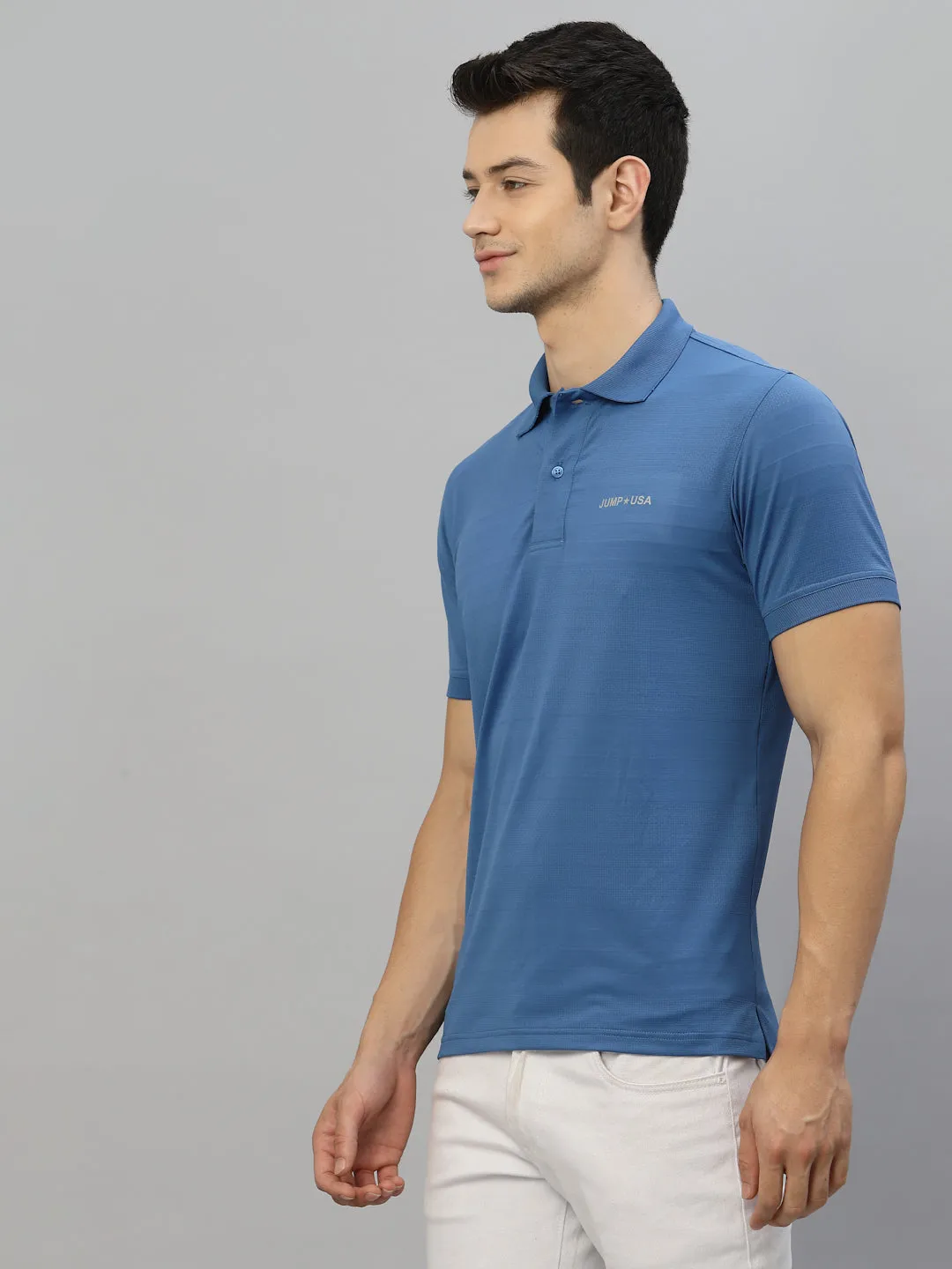 JUMP USA Men Blue Solid Polo Collar Sports  T-Shirt