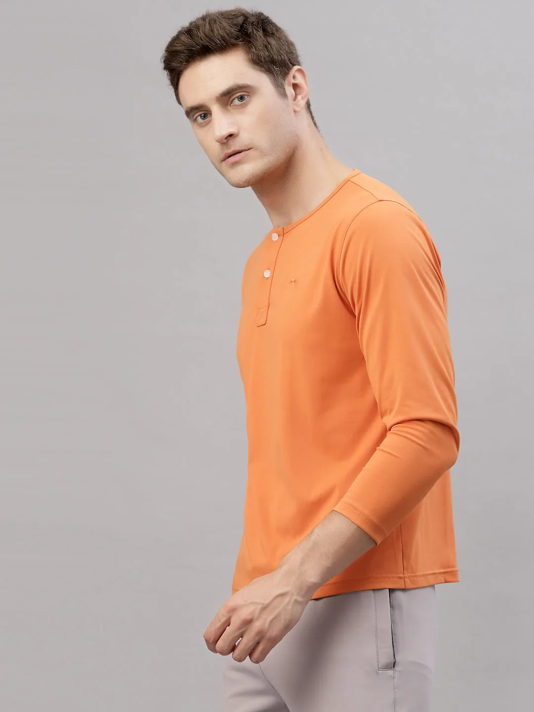 JUMP USA Men Orange Henley Neck Long Sleeves T-Shirt