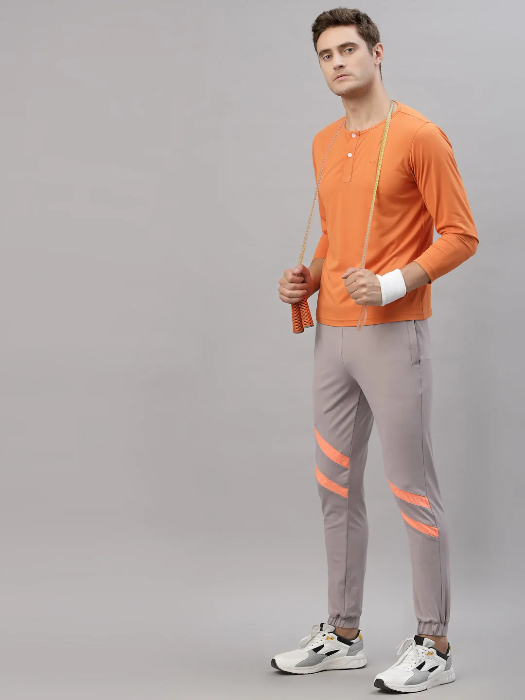 JUMP USA Men Orange Henley Neck Long Sleeves T-Shirt