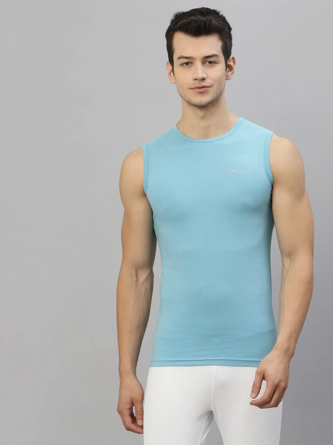 JUMP USA Men Sky Blue Pure Cotton Sleeveless Solid Tank T-shirt