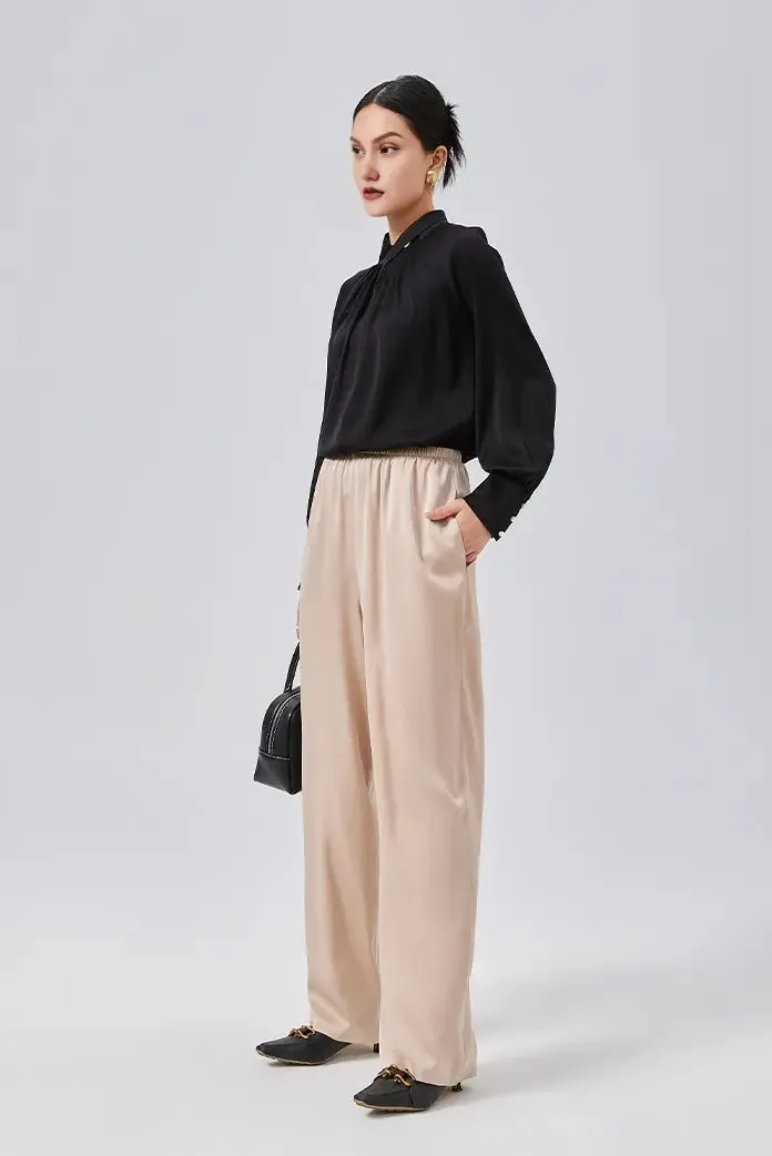 Loose Fit High Waist Wide Leg Silk Pants