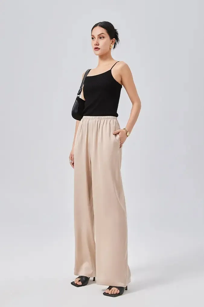 Loose Fit High Waist Wide Leg Silk Pants