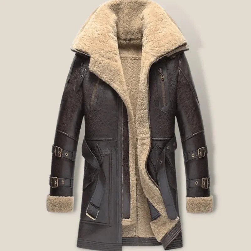 Men's Vintage Brown Sheepskin Shearling Long Coat