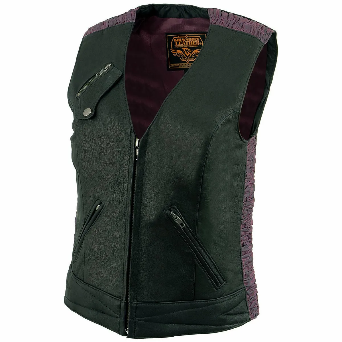 Milwaukee Leather MLL4571 Women's Black and Pink Lightweight Motorcycle Leather Vest w/ Crinkled Leather Design