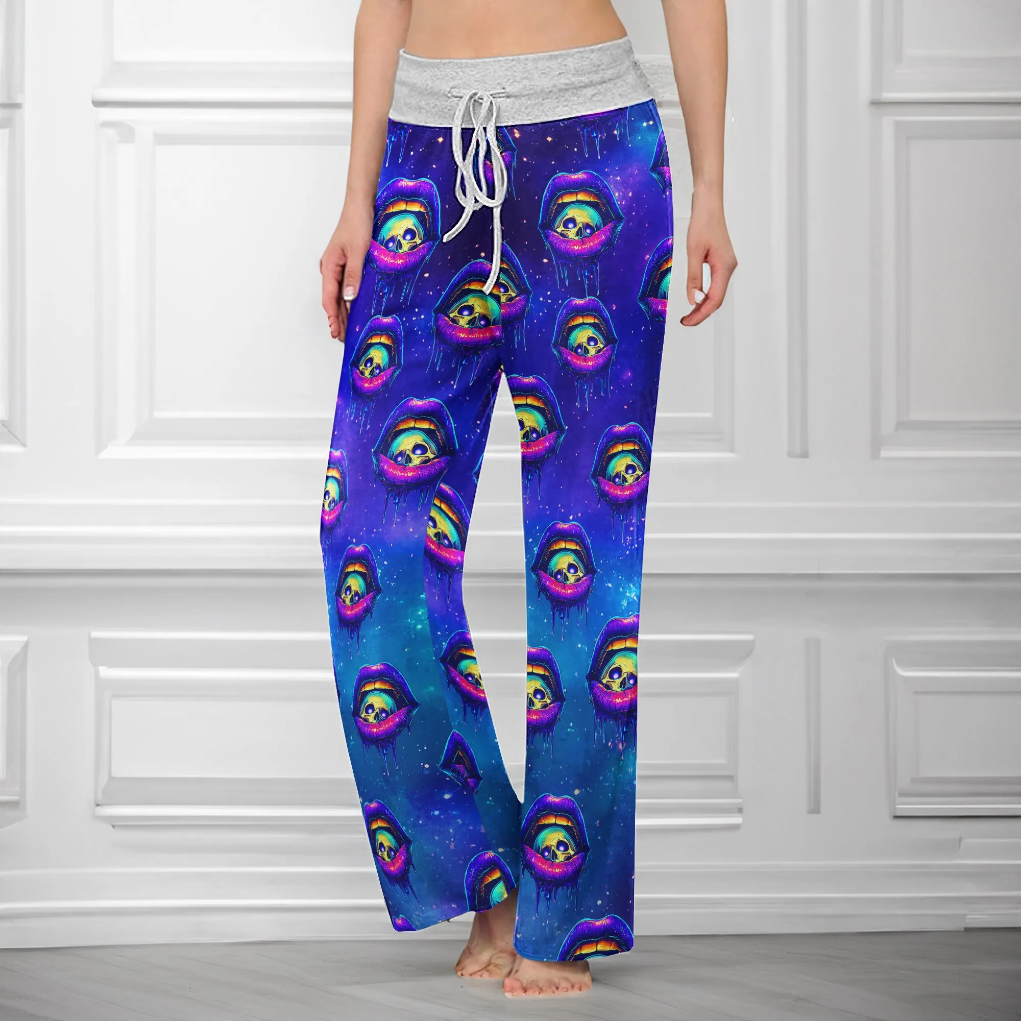 Neon Skull Lip Pattern Women's High-waisted Wide Leg Pants