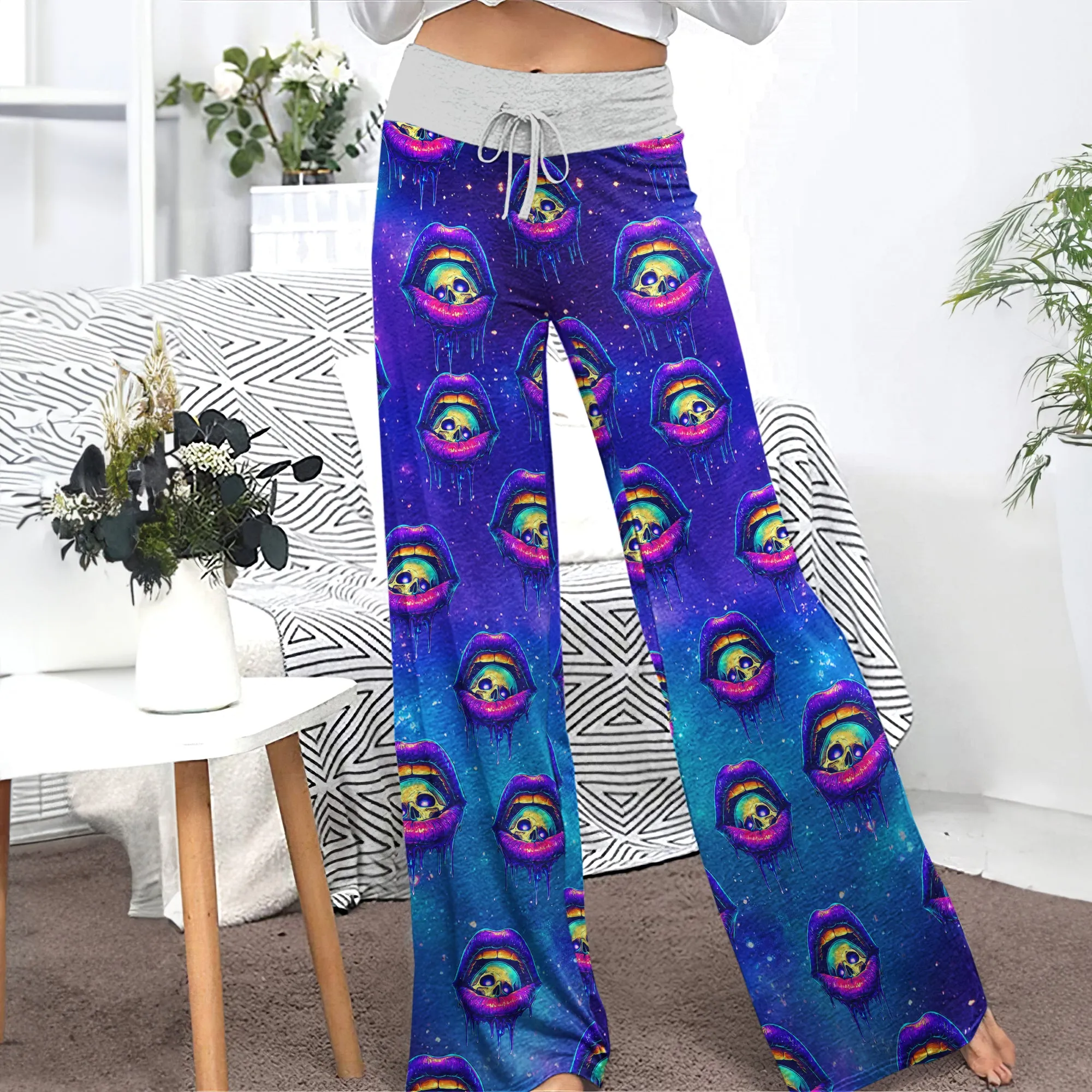 Neon Skull Lip Pattern Women's High-waisted Wide Leg Pants